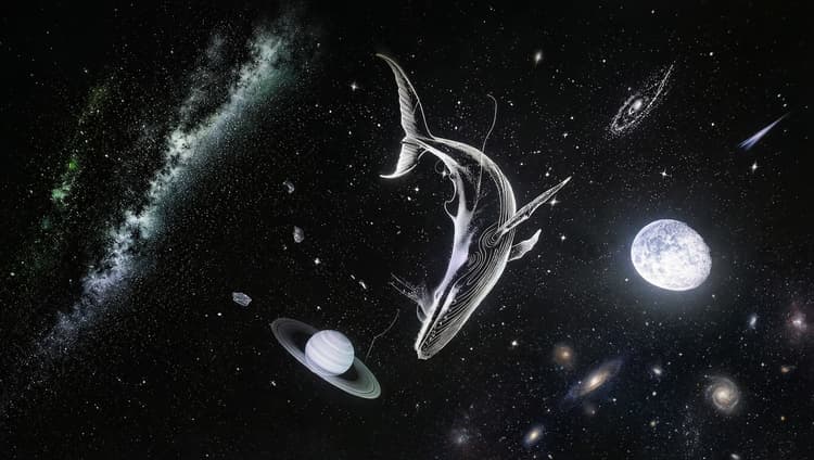 Baleine céleste, Saturne, Lune et galaxies dessinées dans un ciel étoilé