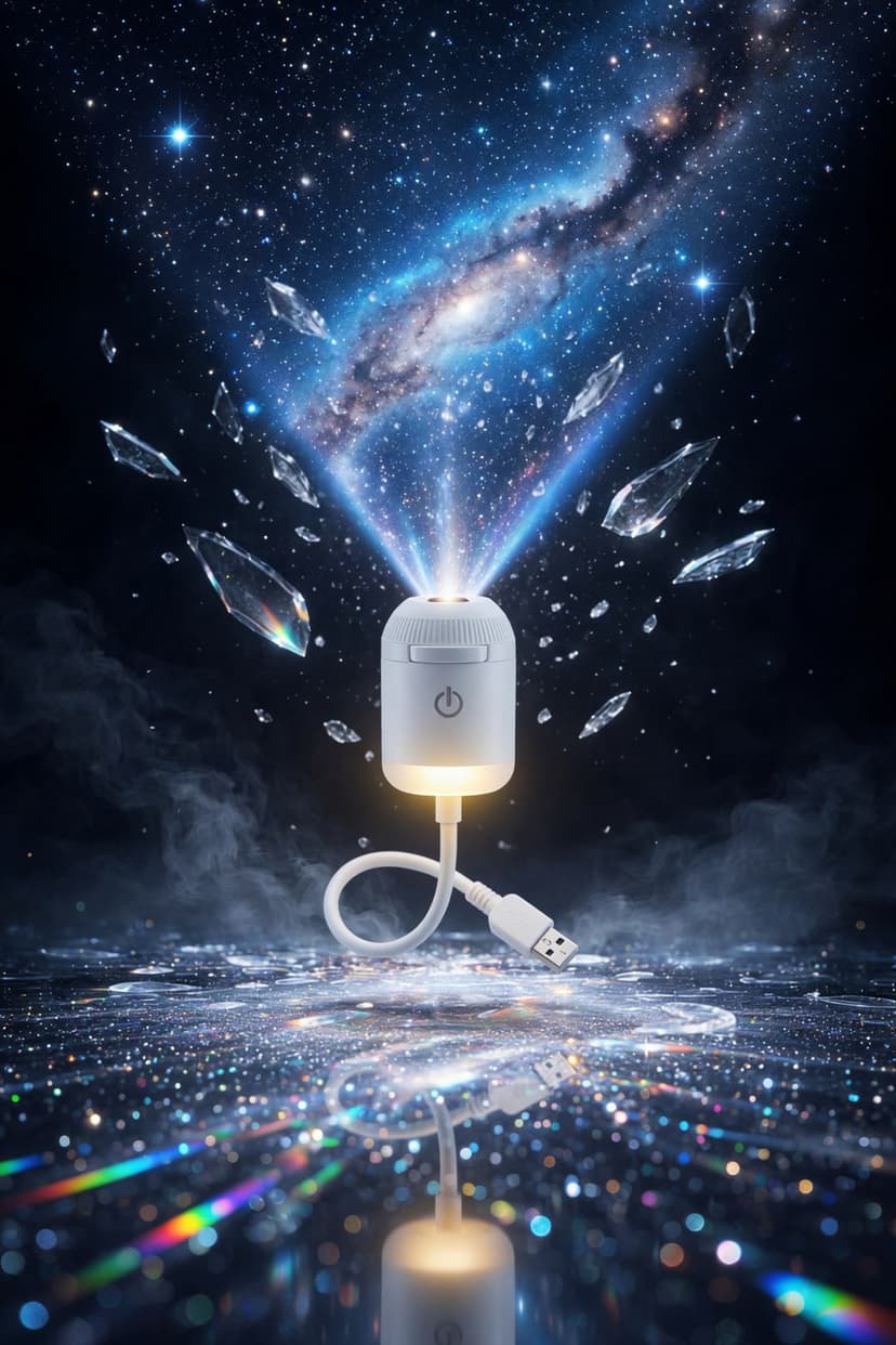 Le projecteur USB CELSIAR blanc projetant une galaxie et des reflets arc-en-ciel
