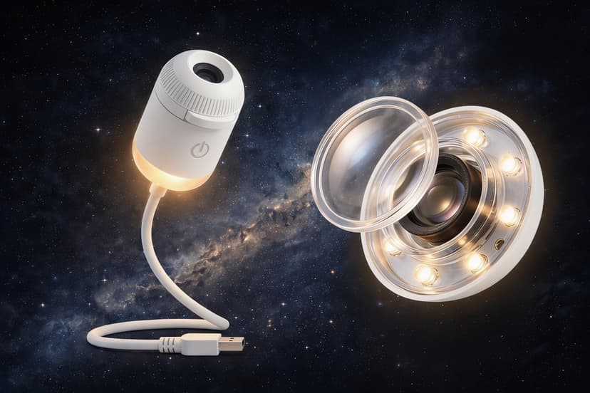 Le projecteur USB CELSIAR blanc, son disque optique et son câble USB sur fond étoilé